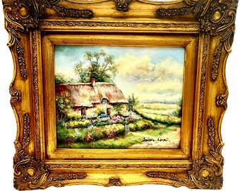 vintage oil painting cottage garden landscape by sanzi lippi in ornate gilt frame