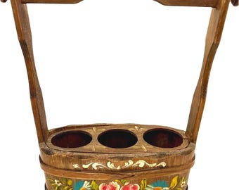Vintage Hand-Painted Scandinavian Wooden Caddy and Wine Carrier (1950s–1960s)