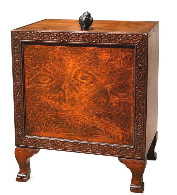 Antique English Oak Purdonium Coal Scuttle Cabinet with Frog Finial, Arts & Crafts Celtic Revival Storage Chest, Gothic Oak Record Cabinet