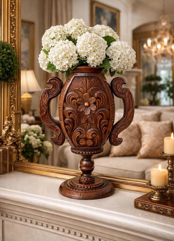 Vintage Carved Wood Vase, Floral Pedestal Vase, Rustic Home Decor