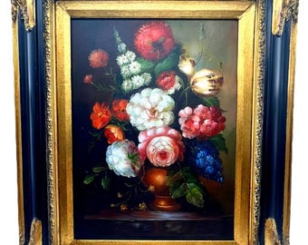Vintage Floral Oil Painting in Ornate Black and Gold Frame – Dutch Style Flower Still Life Wall Art
