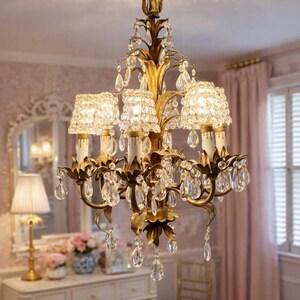 VINTAGE ITALIAN HOLLYWOOD regency gilt floral crystal chandelier with crystal basket shades – petite tole style lighting 24 inches