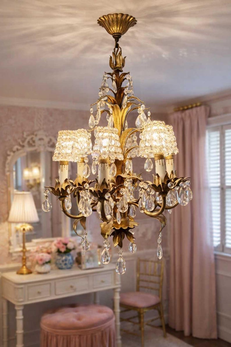 VINTAGE ITALIAN HOLLYWOOD regency gilt floral crystal chandelier with crystal basket shades – petite tole style lighting 24 inches