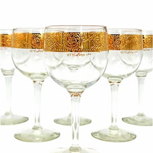 Set of Six Vintage Culver Rosette Wine Glasses – 22K Gold Embossed Stemware