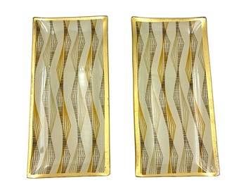 Bandejas de vidrio vintage de mediados de siglo, juego de 2 platos geométricos dorados, bandejas de tocador de estilo atómico moderno, platos de servir de bar retro.
