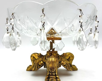 Vintage Crystal Prism Centerpiece Bowl Gilt Gold Base Hollywood Regency Chandelier Style Compote Cut Glass Pedestal Dish