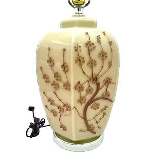 vintage glazed ceramic cherry blossom table lamp with raised floral relief – hollywood regency chinoiserie