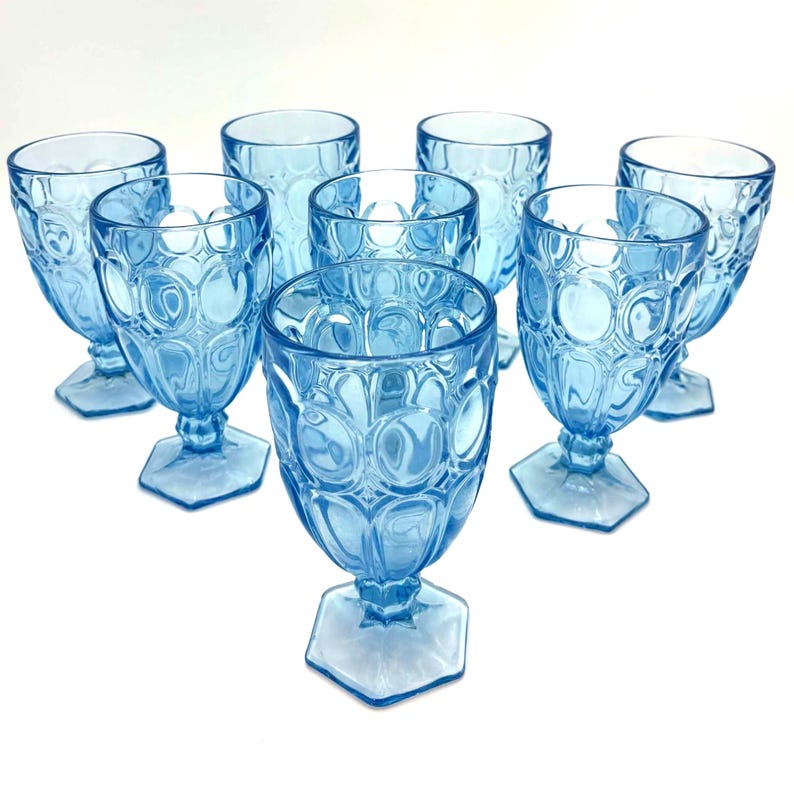 Vintage Blue Glass Goblets Set of 8 Heavy Pedestal Glasses Hollywood ...