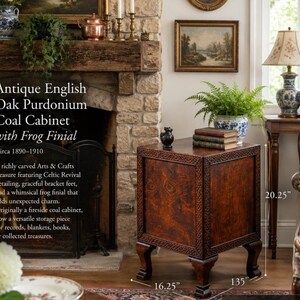 May include: Antique English Oak Purdonium Coal Cabinet with Frog Finial. This Arts & Crafts treasure features Celtic Revival detailing and graceful bracket feet. Dimensions: 16.25" W x 13.5" D x 20.25" H.