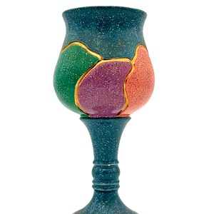 vintage 1980s artisan studio pottery goblet vase with abstract color blocking and gold detailing