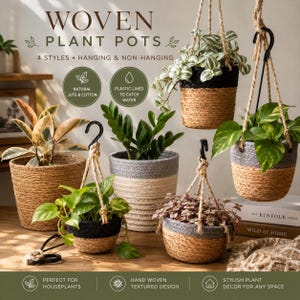 Woven Plant Basket, Boho Hanging Planter or Cache Pot, Plastic-Lined Jute Rope Basket for Indoor Houseplants