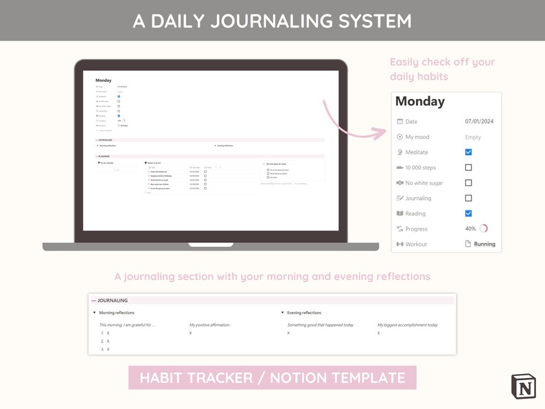 Pink Habit Tracker Notion Template – Daily Journal (digital) - Etsy