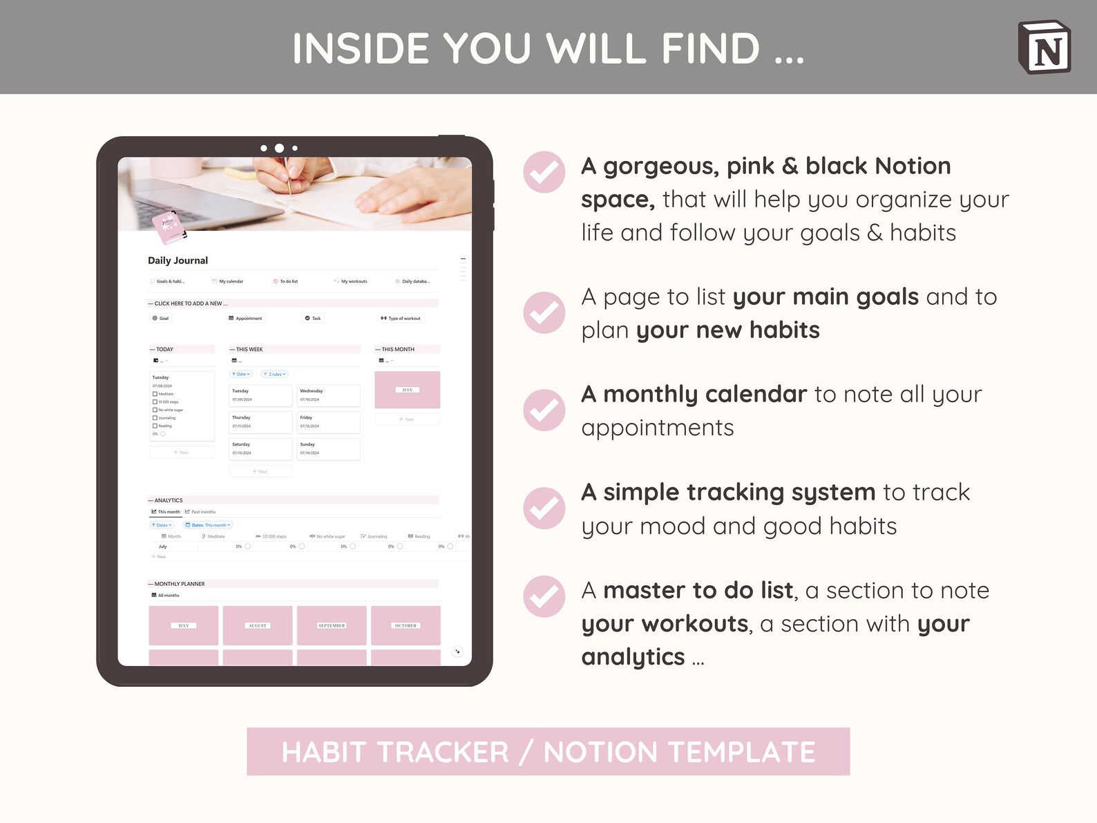 Pink Habit Tracker Notion Template – Daily Journal (digital) - Etsy