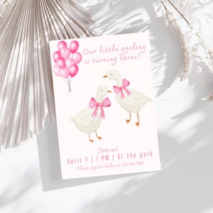 Cartes d'invitation d'anniversaire d'oie | Carte de fête à la ferme rose | Téléchargement numérique imprimable pour les filles | Fête d'anniversaire sur le thème rose