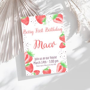Einladung zum ersten Geburtstag Mädchen | Erdbeer-Thema | Digitale Einladung | Bearbeitbare Canva-Vorlage | Direkter Download | Kinderparty