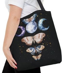 Celestial Moth Moon Tote Bag Black Large Gift for Witches Boho Mystical Bag Moon & Stars Pagan Triple Goddess Tote Butterfly Moth Magical