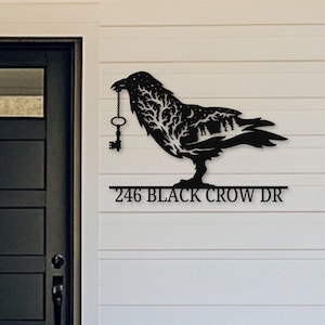 Custom Raven Metal House Address Sign Personalized Goth Home Decor Reading Nook Book Lover Gift Crow Silhouette Forest Bird Wall Art Library