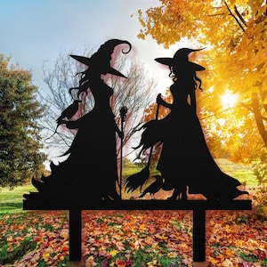 Metal Witch Garden Sign Halloween Witches Stake Raven Spooky Yard Stake Samhain Yard Decor Witch Sisters Yard Art Broom Creepy Garden Sign