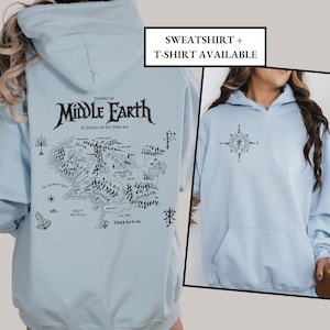 Tolkien Inspired Hoodie Middle Earth Map Sweatshirt Gandalf Compass Pocket Design T-Shirt Map of Middle Earth Hobbitcore Merch LotR Fans Tee