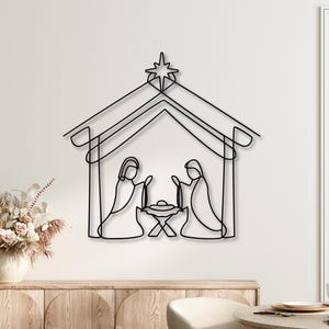 Holy Family Metal Nativity Line Art Christian Sign Christmas Gift Elegant Metal Holiday Decor Laser Nativity Set Manger Scene Baby Jesus