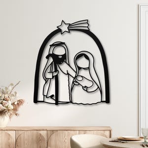 Minimalist Nativity Scene Metal Sign Modern Line Art Christmas Decoration Holy Family Wall Art Holiday Display Jesus Christmas Decoration