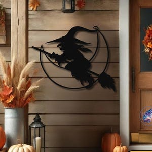 Witch Flying over Moon Wall Art Halloween Metal Sign Pagan Broomstick Rider Silhouette Spooky Wiccan Home Decor Witchy Celestial Porch Sign