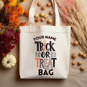 Custom Name Halloween Tote Bag Trick or Treat Candy Bag Kids Treat Bag Unisex Gift Women Custom Tote Bags Personalized Halloween Boho Bag