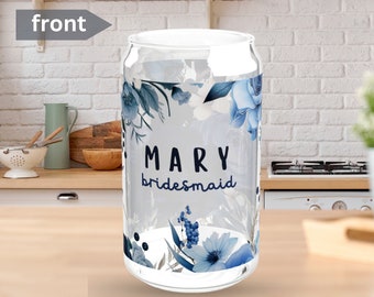 Custom Name Glass Mug Bridesmaid Proposal Wildflowers Glass Tumbler Best Aunt Gift Blue Flowers Botanical 16 oz Glass Cup with Lid & Straw