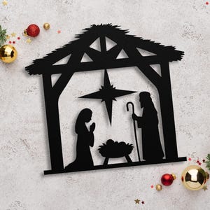 Metal Nativity Set Black Steel Nativity Scene Sign Baby Jesus Manger Holy Family Christmas Decoration Christian Wall Art Gift Outdoor Sign