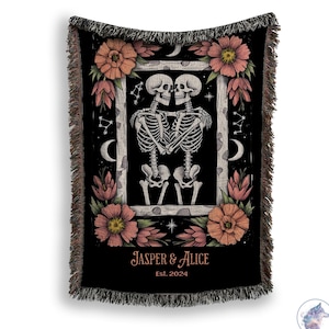 Personalized Wedding Blanket Gothic Til Death Do Us Part Woven Throw Spooky Tapestry Blanket Skeleton Couple Gift 1 Year Anniversary Skulls