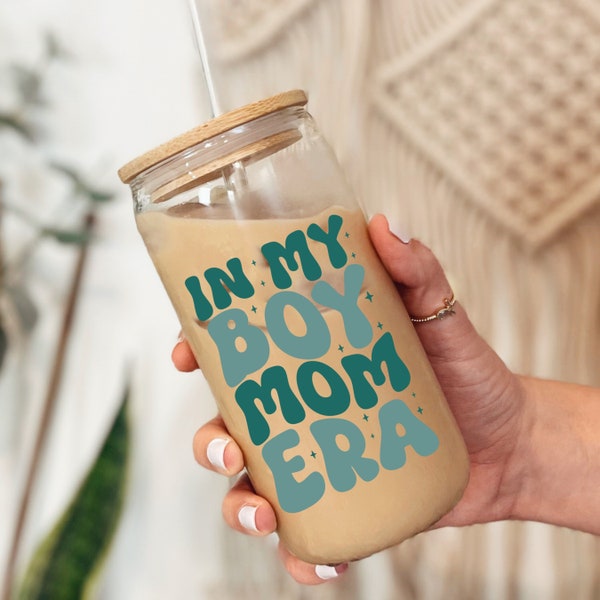 In My Boy Mom Era Glass Can Clear Beer Can Iced Coffee Cup Juice Mug Cocktail Glass Mother’s Day Gift Retro Design Baby Shower Mama Present