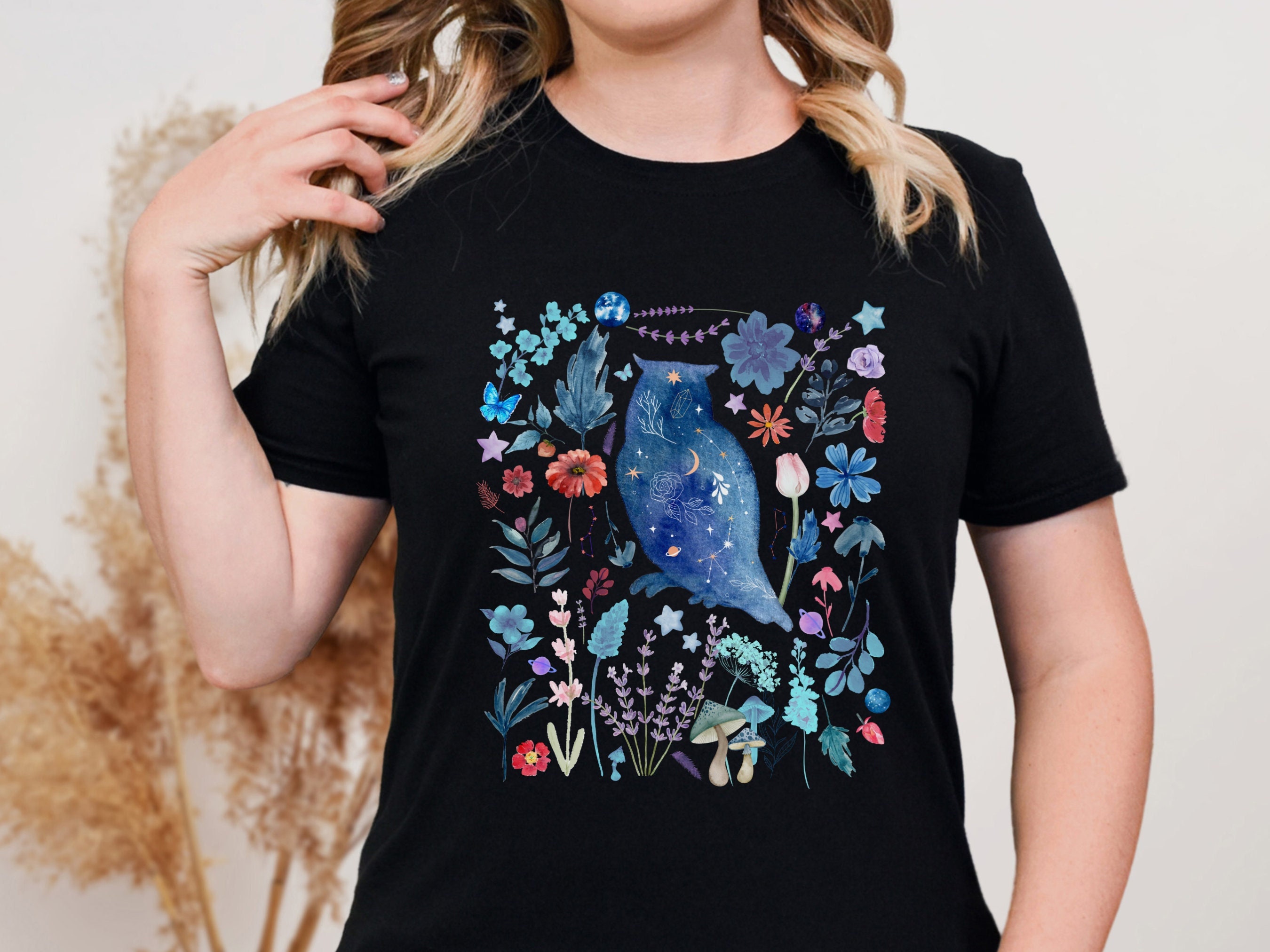 Mystical Owl Shirt Cottagecore Watercolor Blue Celestial T-Shirt Dried Flower Tshirt Vintage Aesthet