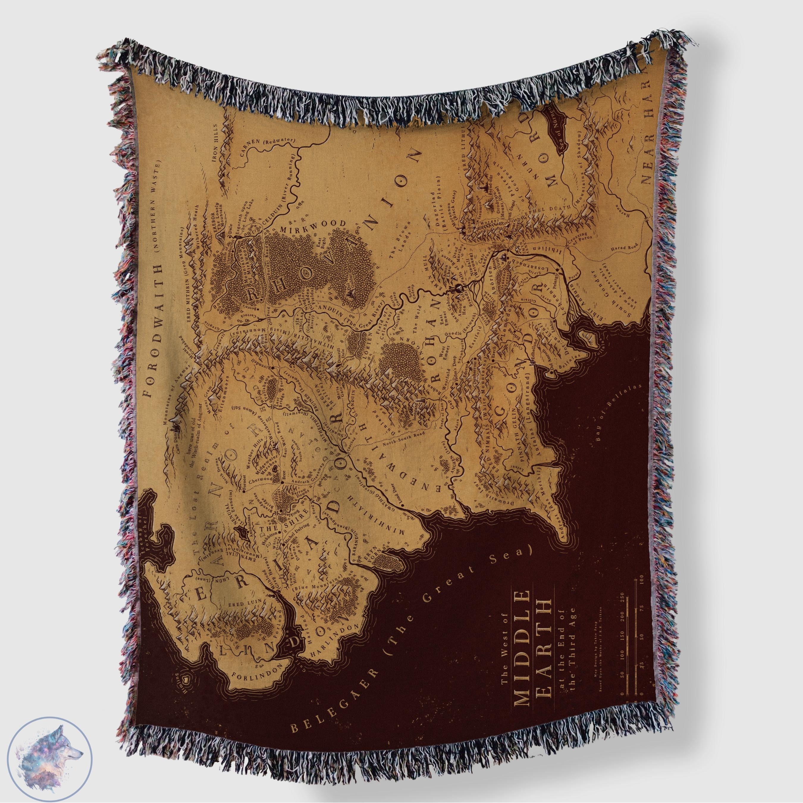 Middle Earth Map Woven Blanket LOTR Map Blanket Vintage Map Middle Earth Lord of the Rings Fan Gift Lord of the Rings Map Cotton Throw Shire