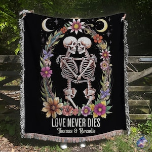 Skeleton Couple Woven Blanket Til Death Do Us Part Custom Velveteen Throw Whimigoth Skull Wedding Gift Botanical Gothic Tapestry Cottagecore