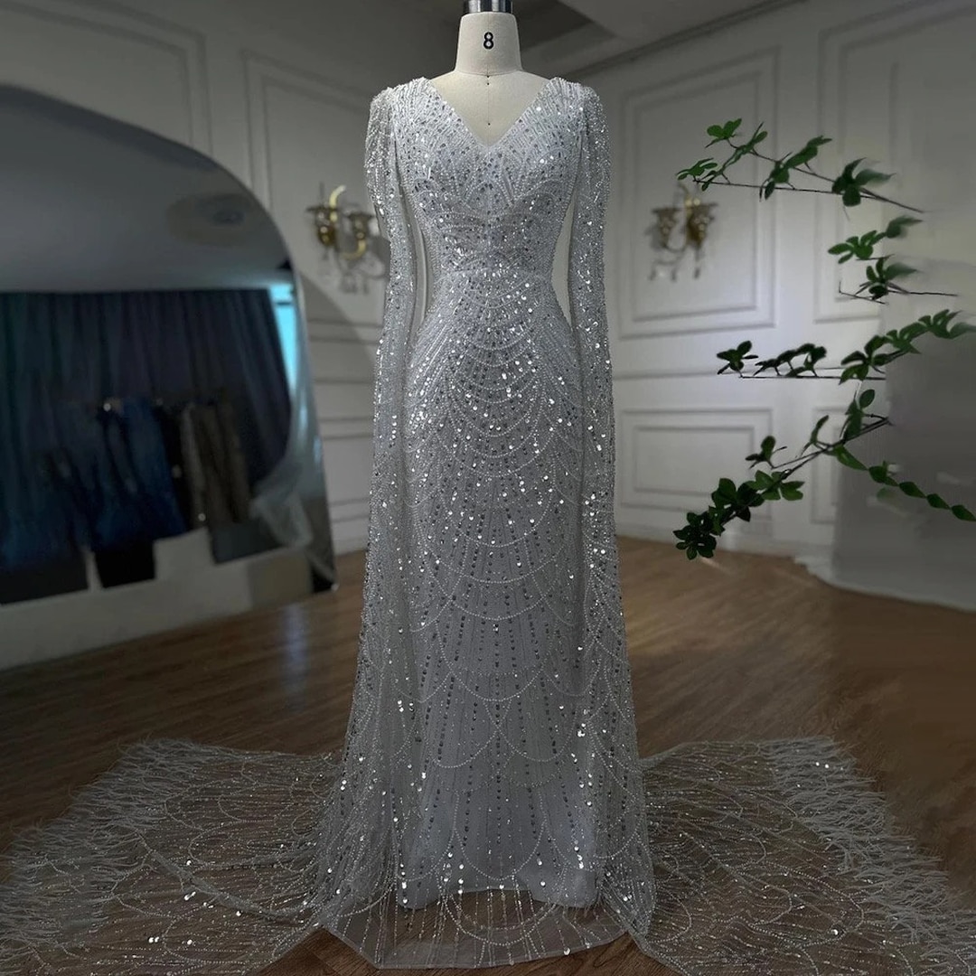 Pretty White Chiffon Beaded Pearls Mermaid Evening Dress Wedding Dress,Long Prom Dress Y8318