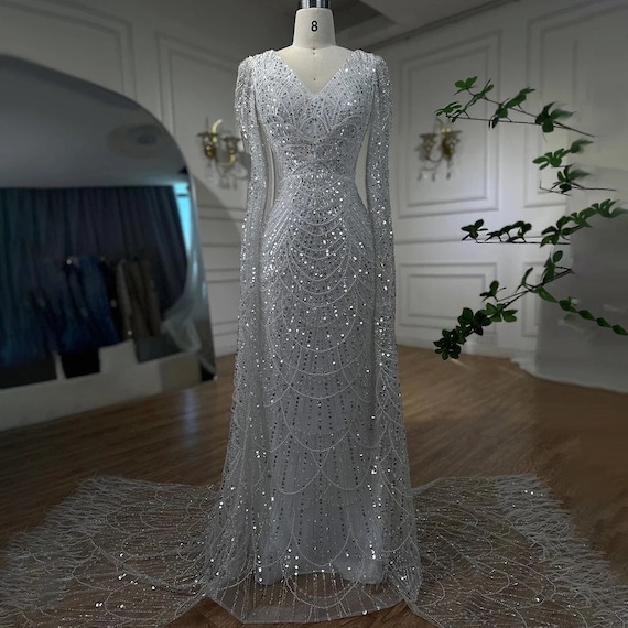 White Luxury Pearls Beaded Mermaid Cape Sleeve Evening Dress Gown for Women  Party Wedding Engagement - Etsy