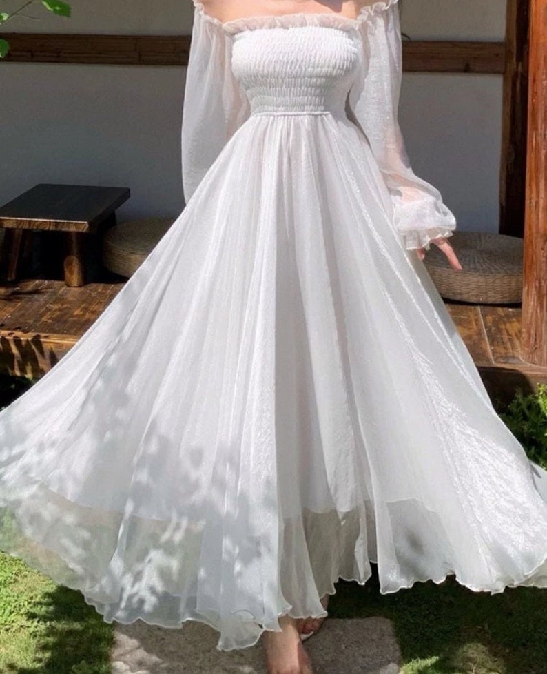 Maxi Dresses for Women Elegant Fairy Longsleeves White off Shoulder ...