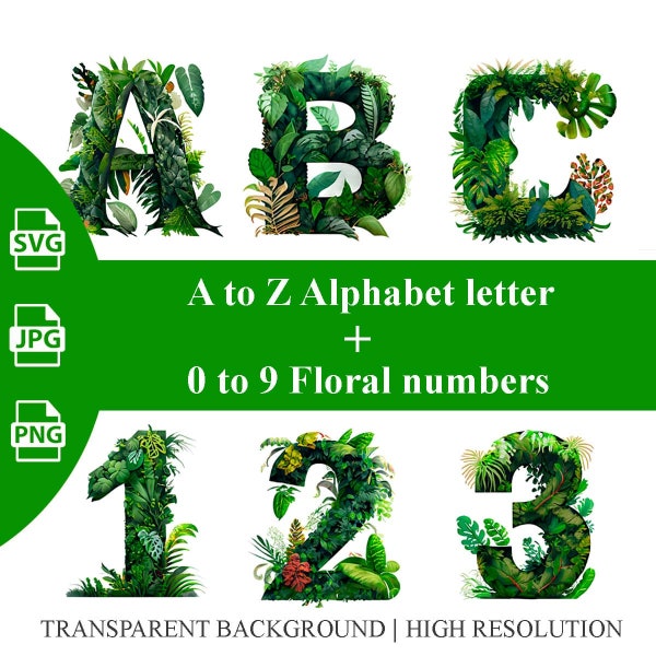 Alphabet floral png, svg, alphabet de a à z, alphabet aquarelle, svg lettre fantaisie, 36 fichiers individuels, y compris des lettres et des chiffres