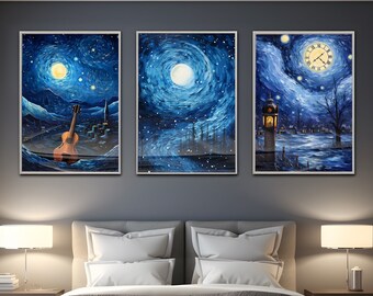 Lot de 3 oeuvres d'art mural numérique Vincent Van Gogh, art de la vie nocturne, thème bleu, chambre calme et paisible