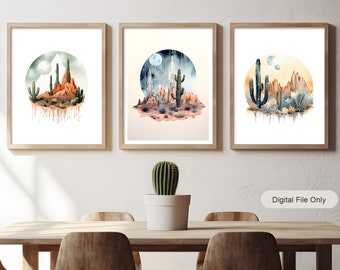 Ensemble d’art mural sur le thème Boho de 3, art mural numérique Cactus Desert, Snow Moon Fantasy Calm Peaceful Art