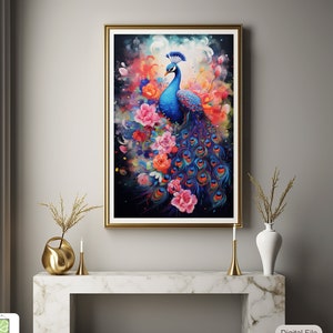 Peinture paon vibrante, oeuvre d'art murale florale colorée, paon coloré imprimable numérique, peinture de salon coup de pinceau acrylique image 1