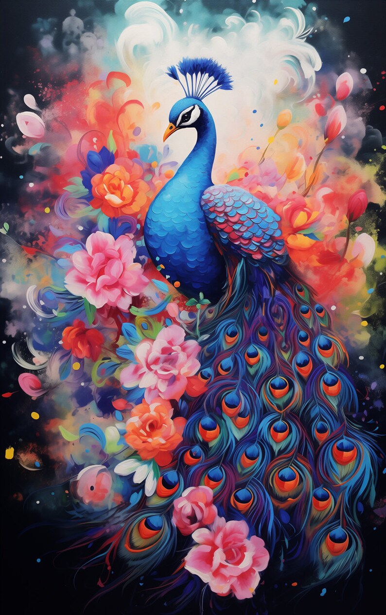 Peinture paon vibrante, oeuvre d'art murale florale colorée, paon coloré imprimable numérique, peinture de salon coup de pinceau acrylique image 4