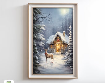Affiche murale de Noël, Paysage enneigé d’hiver, Cabane d’hiver nordique, Renne de Noël