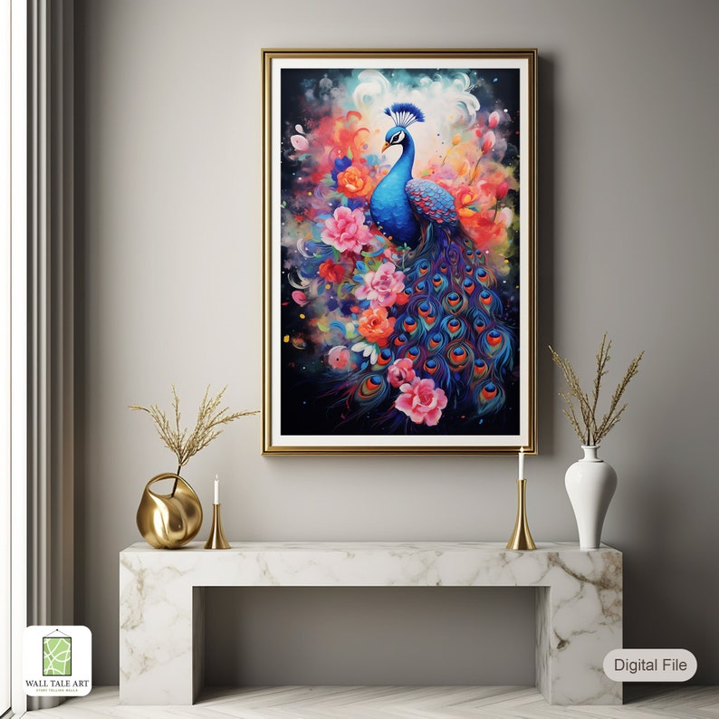 Peinture paon vibrante, oeuvre d'art murale florale colorée, paon coloré imprimable numérique, peinture de salon coup de pinceau acrylique image 1