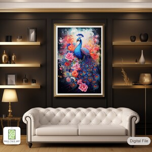 Peinture paon vibrante, oeuvre d'art murale florale colorée, paon coloré imprimable numérique, peinture de salon coup de pinceau acrylique image 3