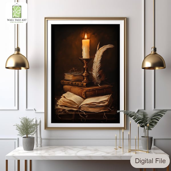 Vintage Antique Candle Wall Art, Study Room Painting, Classic Living Room Painting, Acrylic Brush Strokes, Candle & Book Aesthetic Soothing