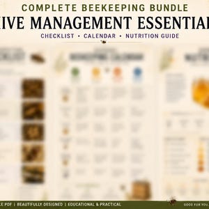 Puede incluir: Un documento digital titulado COMPLETE BEEKEEPING BUNDLE HIVE MANAGEMENT ESSENTIALS, que incluye una lista de verificación, un calendario y una guía nutricional. El diseño presenta ramas de lavanda, un cazo de miel y abejas.
