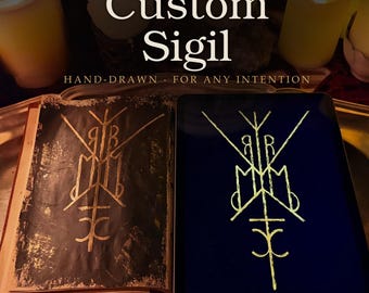 May include: A custom sigil design displayed on an open book with a black painted page and on a digital tablet screen. The sigil features gold-coloured geometric lines. The text Custom Sigil and HAND-DRAWN FOR ANY INTENTION is visible.