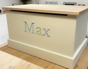 Handmade Personalized Wooden Toy Box - Engraved Name, Soft Close Lid