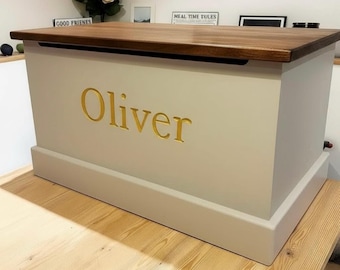 Handmade Personalized Wooden Toy Box – Engraved Name, Soft Close